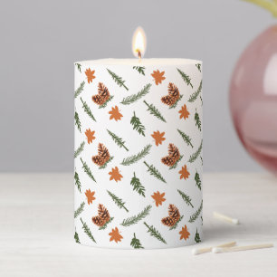 Autumn Leaf and Pinecone White Thanksgiving Gift Pillar Candle