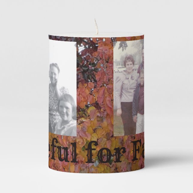 Autumn Leaf Black Grateful for Family Photos Pillar Candle (Front)