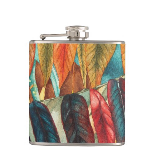 autumn leaf colors original stylized modern art hip flask