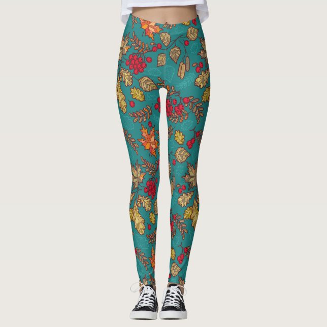 Autumn Leaf Foliage Teal Leggings (Front)
