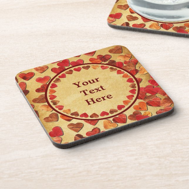 Autumn Leaf Hearts On Old Paper Beverage Coaster (Left Side)