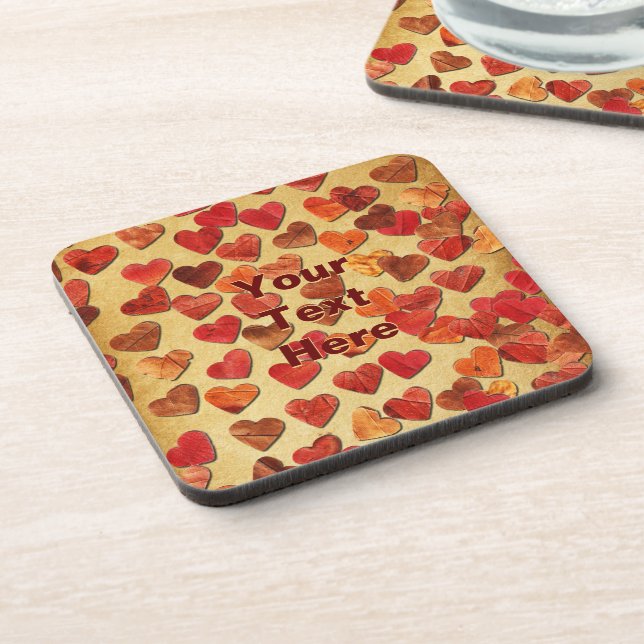 Autumn Leaf Hearts On Old Paper Beverage Coaster (Left Side)