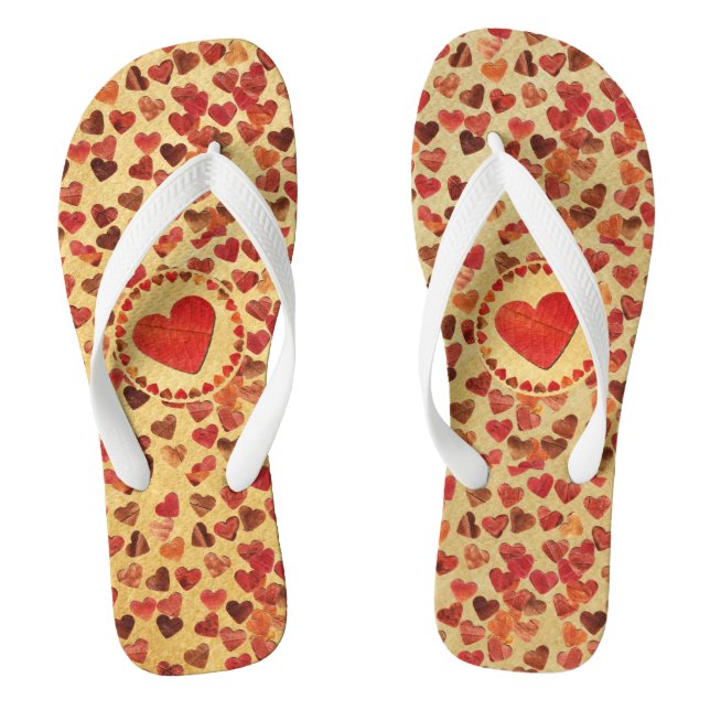 Autumn Leaf Hearts On Old Paper Flip Flops (Footbed)