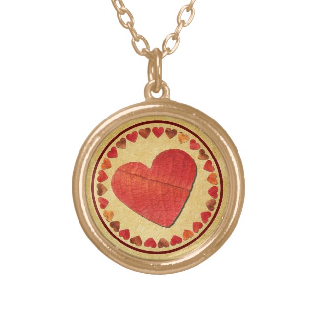 Autumn Leaf Hearts On Old Paper Gold Plated Necklace (Front)