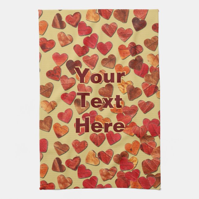 Autumn Leaf Hearts On Old Paper Kitchen Towel (Vertical)