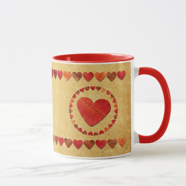 Autumn Leaf Hearts On Old Paper Mug (Right)