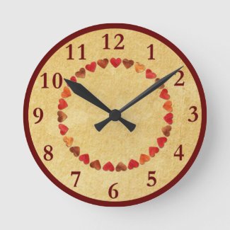 Autumn Leaf Hearts On Old Paper Round Clock