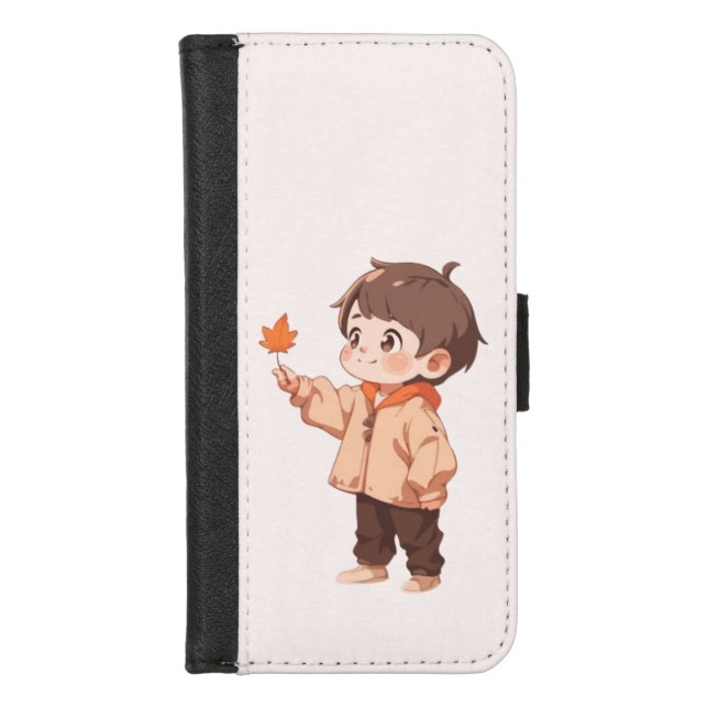 Autumn leaf held by a cute little boy iPhone wallet case (Front)
