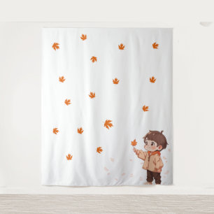 Autumn leaf held by a cute little boy tapestry
