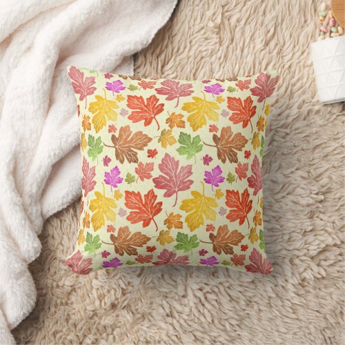 Autumn Leaf Pattern Colorful Painted Fall Foliage Throw Pillow