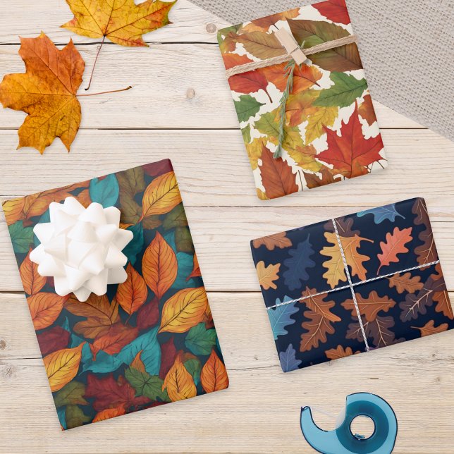 Autumn Leaf Pattern Fall Season Nature Themed Wrapping Paper Sheets (A set of 3 Autumn leaf patterned gift wrapping paper sheets, ideal for Thanksgiving and Fall season)