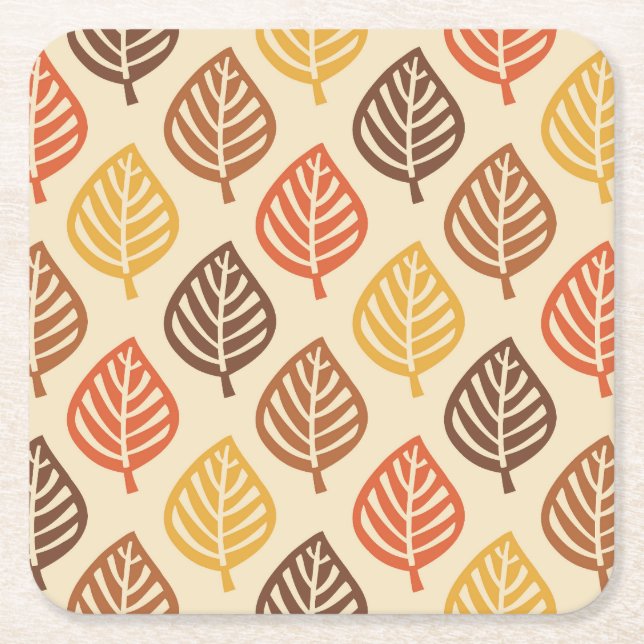 Autumn Leaf Pattern in Fall Colors Square Paper Coaster (Front)