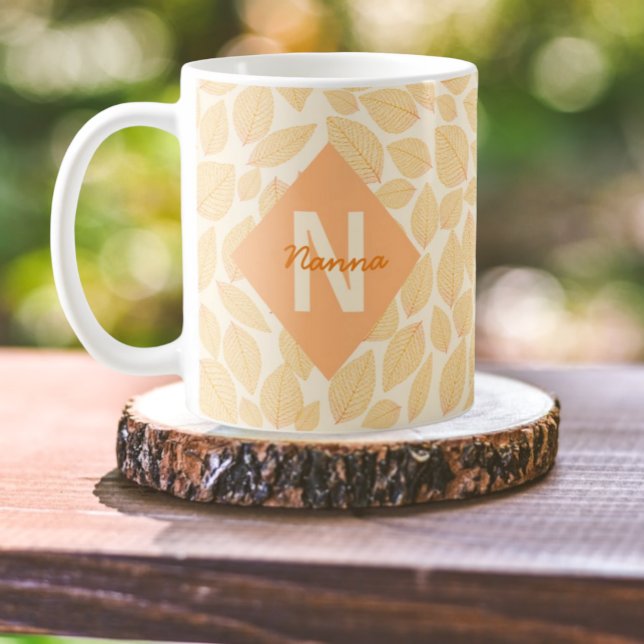 Autumn Leaf Pattern Personal Monogram Name Coffee Mug (double sided name & monogram design)