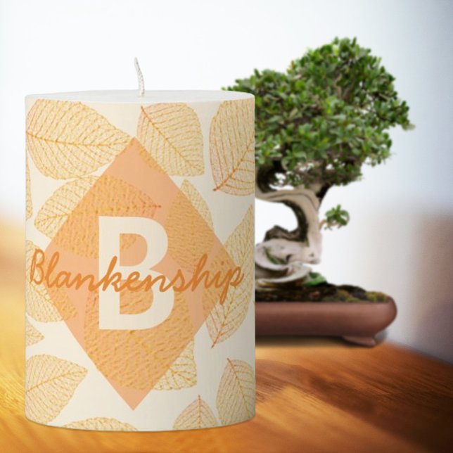 Autumn Leaf Pattern Personal Monogram Name Pillar Candle (This personalized leaf pattern candle is a nice housewarming gift with a name and monogram initial. )