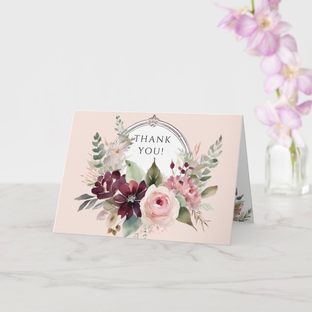 Autumn Leaf Pink Floral Fall Wreath Baby Thank You Card (Orchid)