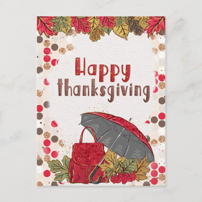 Autumn Leaf Polka Dot Happy Thanksgiving Postcard (Front)