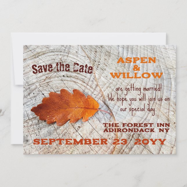 Autumn Leaf Rustic Wood Flat Save The Date Card (Front)