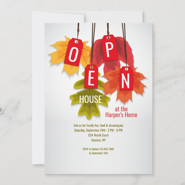 Autumn Leaf Tags Open House Invitation (Front)