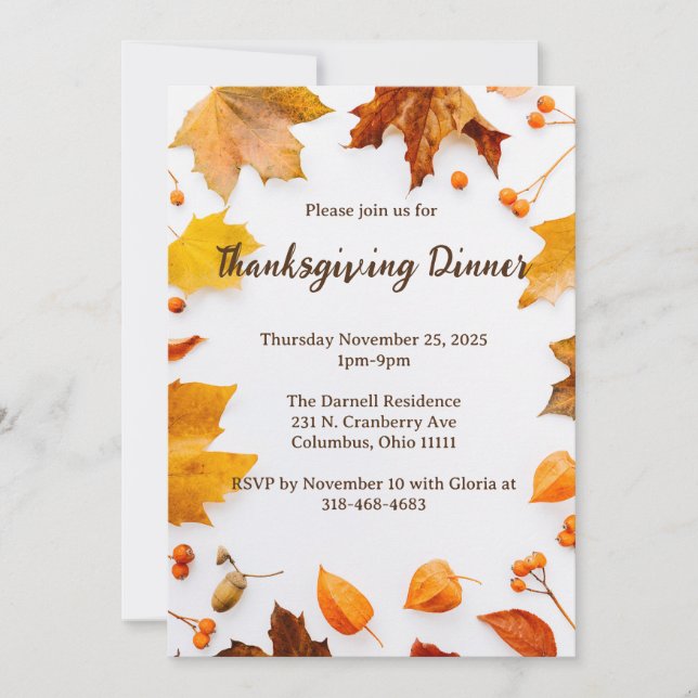 Autumn Leaf Thanksgiving Dinner Party Invitation (Front)