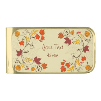 Autumn Leaf Vines with Customizable Text Gold Finish Money Clip
