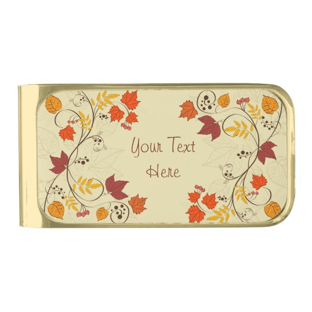 Autumn Leaf Vines with Customizable Text Gold Finish Money Clip (Front)