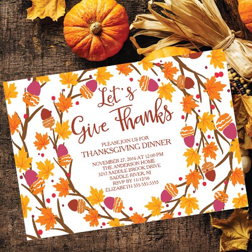 Autumn Leave Lets Give Thanks Thanksgiving Dinner Invitation