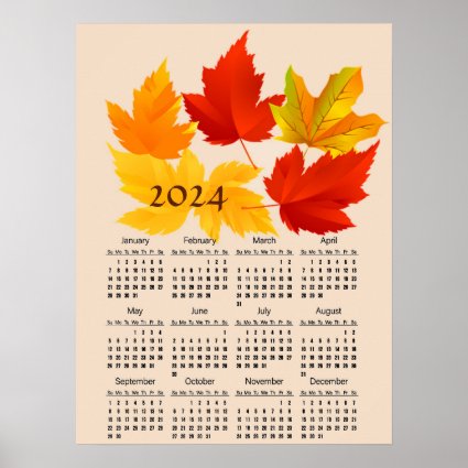 Autumn Leaves 2024 Calendar Poster