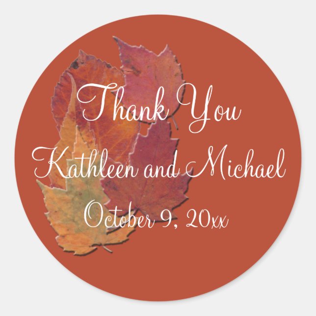 Autumn Leaves 3" Diameter Wedding Favor Sticker (Front)