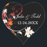 Autumn Leaves Abstract Wedding Save The Date Heart Sticker<br><div class="desc">Beautiful wedding save the date heart shaped sticker with a modern illustration of autumn leaves and vines in tones of red, gold and yellow. Perfect theme for a wedding but also a great looking design on it's own. Comes on a wide variety of Zazzle products. Contact me at mshake5918@yahoo.com for...</div>