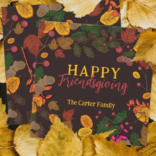 Autumn Leaves Acorns Berries Happy Friendsgiving Holiday Card