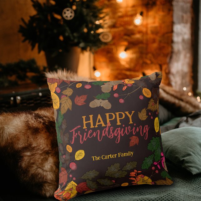 Autumn Leaves Acorns Berries Happy Friendsgiving Throw Pillow (Creator Uploaded)