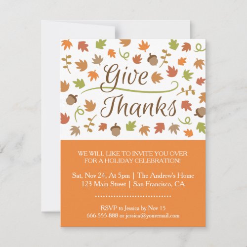 Autumn Leaves Acorns Give Thanks Dinner Party Invitation