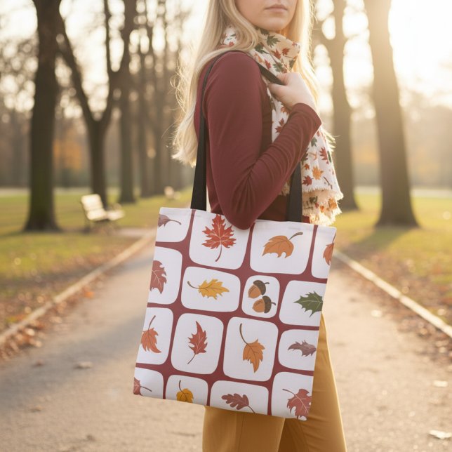 Autumn Leaves & Acorns Grid Pattern Tote Bag (Creator Uploaded)