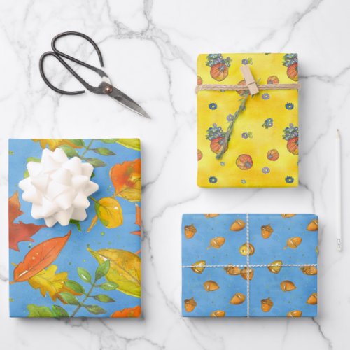 Autumn Leaves Acorns Pumpkins Fall Colorful Wrapping Paper Sheets