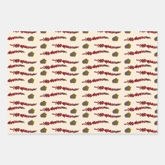 Autumn leaves and acorns wrapping paper sheets (Front)