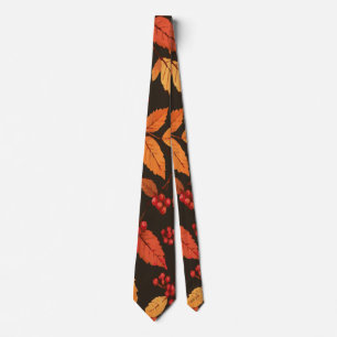 Autumn Leaves and Berries on Dark Background Neck Tie