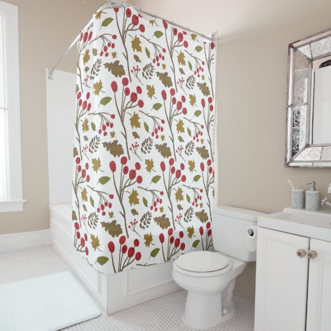 Autumn leaves and berries rustic pattern shower curtain (In Situ)