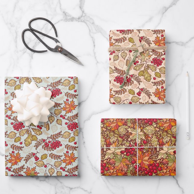 Autumn Leaves And Berries Wrapping Paper Sheets (Front)