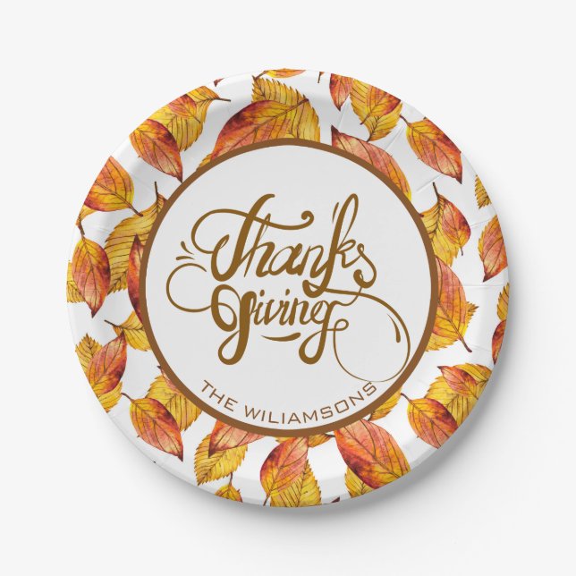 Autumn Leaves And Brown Text Design-Thanks Giving Paper Plates (Front)