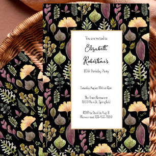 Autumn Leaves and Ferns on Black 87th Birthday Invitation