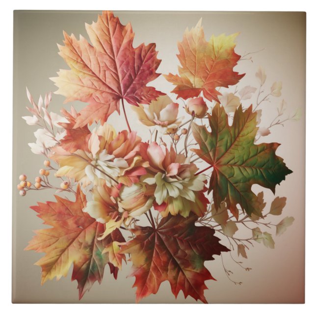 Autumn Leaves and Flowers in Fall Bouquet Art Ceramic Tile (Front)