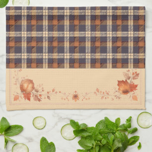 Autumn Leaves and Flowers on Plaid Kitchen Towel