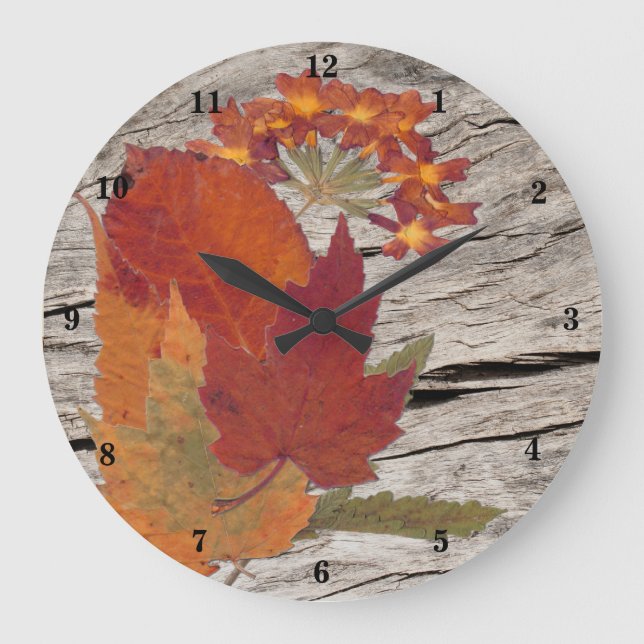 Autumn Leaves and Flowers on Wood LOOK Clock (Front)