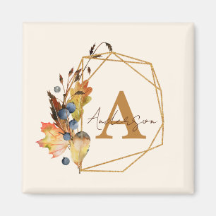 Autumn leaves and gold frame personalized magnet