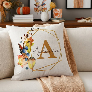 Autumn leaves and gold linen look personalized throw pillow