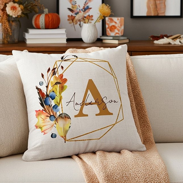 Autumn leaves and gold linen look personalized  throw pillow (Creator Uploaded)