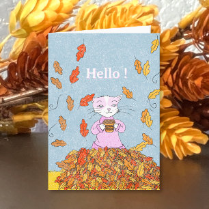 Autumn Leaves and Graceful Cat Blank Greeting Card