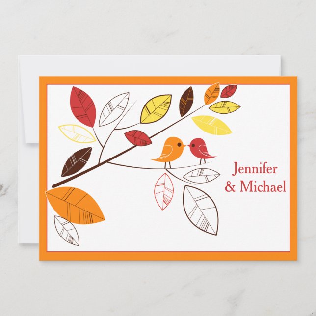 Autumn Leaves and Love Birds Wedding Invitation (Front)