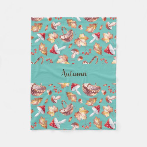 Autumn Leaves and Mushrooms Fleece Blanket