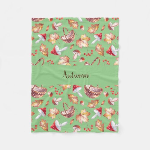 Autumn Leaves and Mushrooms Fleece Blanket